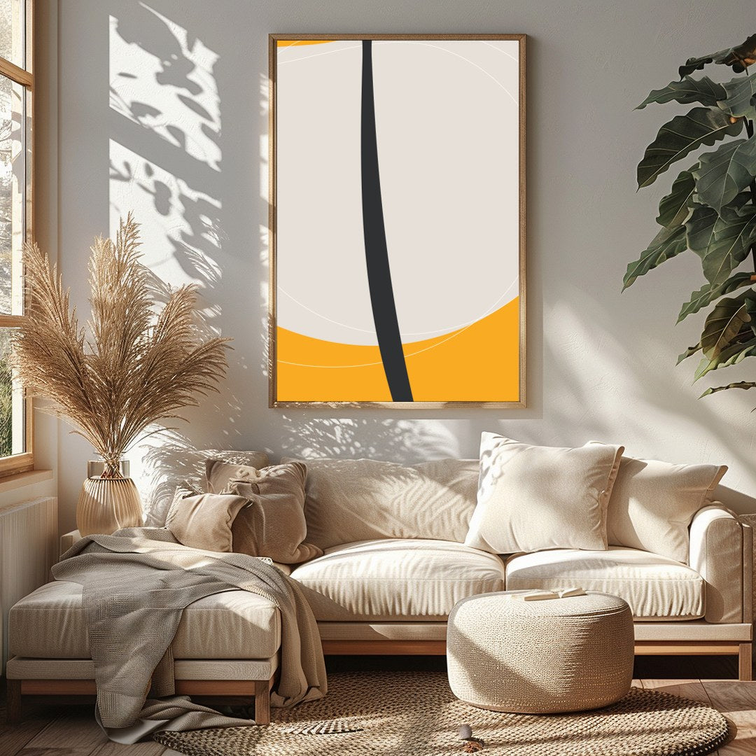 This striking piece features a bold, minimalist floral silhouette set against a vibrant orange for Sitting Area
