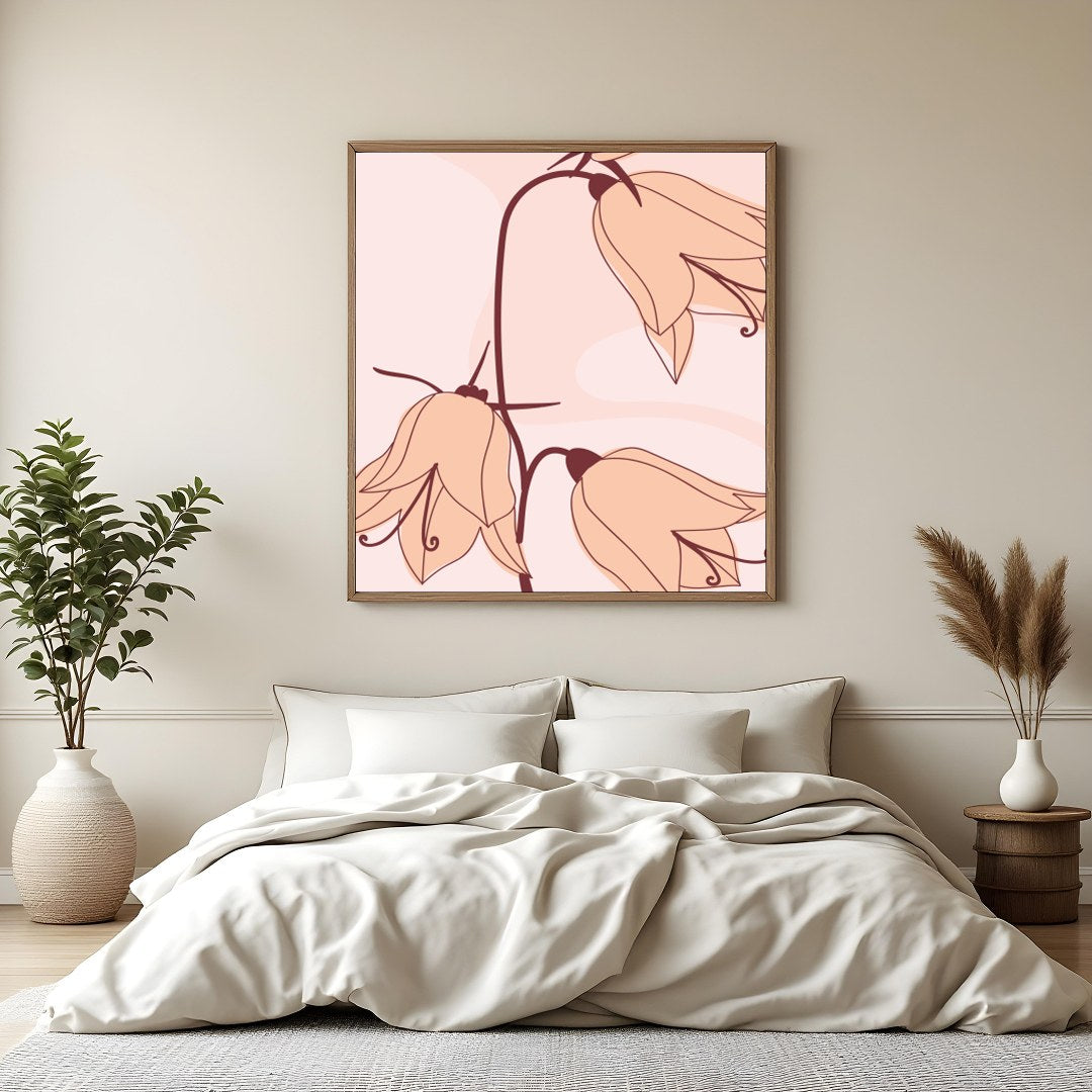 This exquisite minimalist artwork showcases a trio of delicate flowers in soft pink hues, exuding for Bedroom