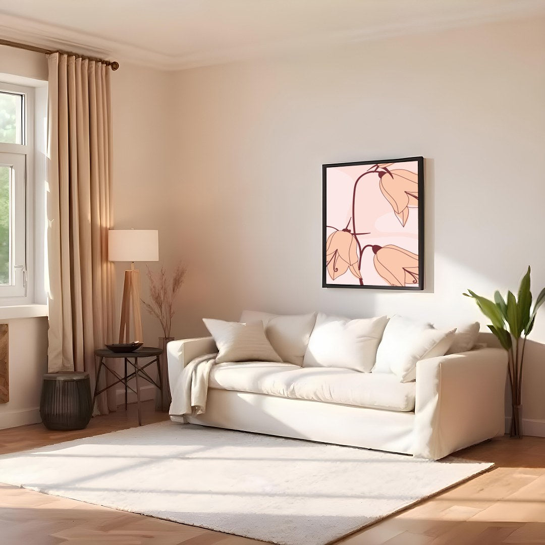 This exquisite minimalist artwork showcases a trio of delicate flowers in soft pink hues, exuding for Family Room
