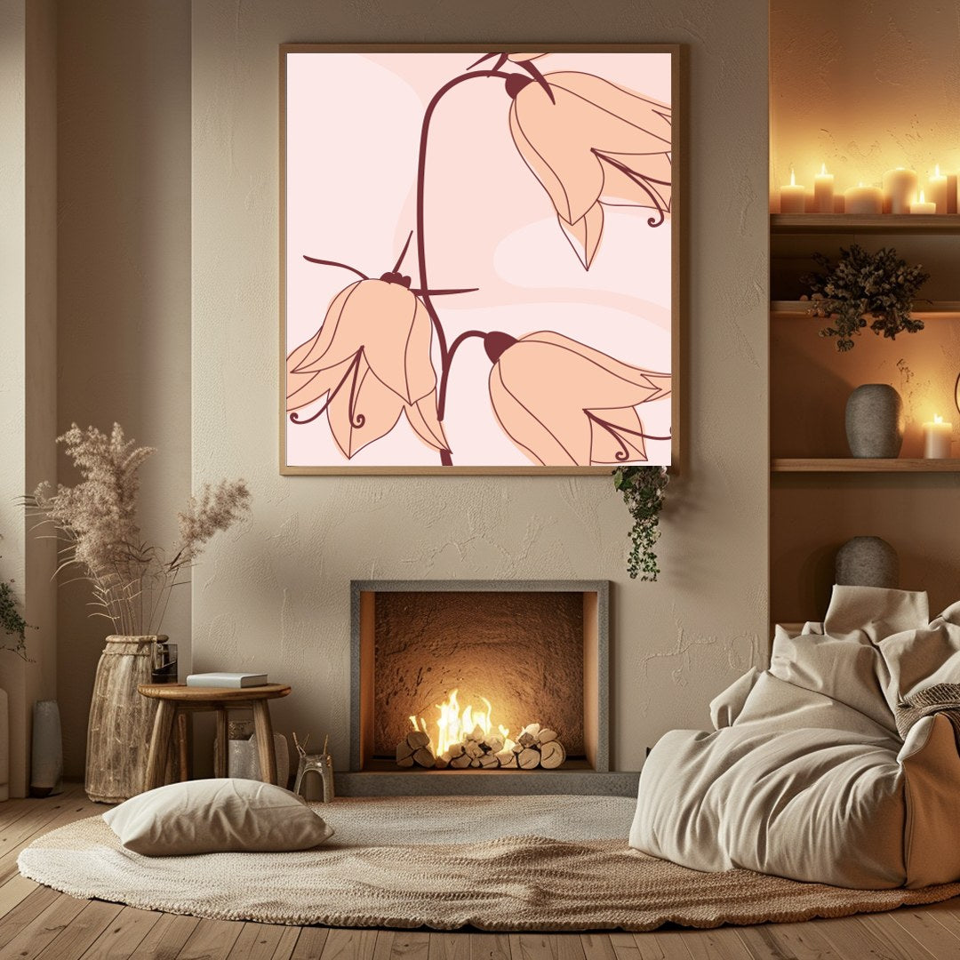 This exquisite minimalist artwork showcases a trio of delicate flowers in soft pink hues, exuding for Hall