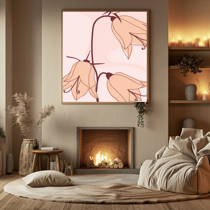 This exquisite minimalist artwork showcases a trio of delicate flowers in soft pink hues, exuding for Hall