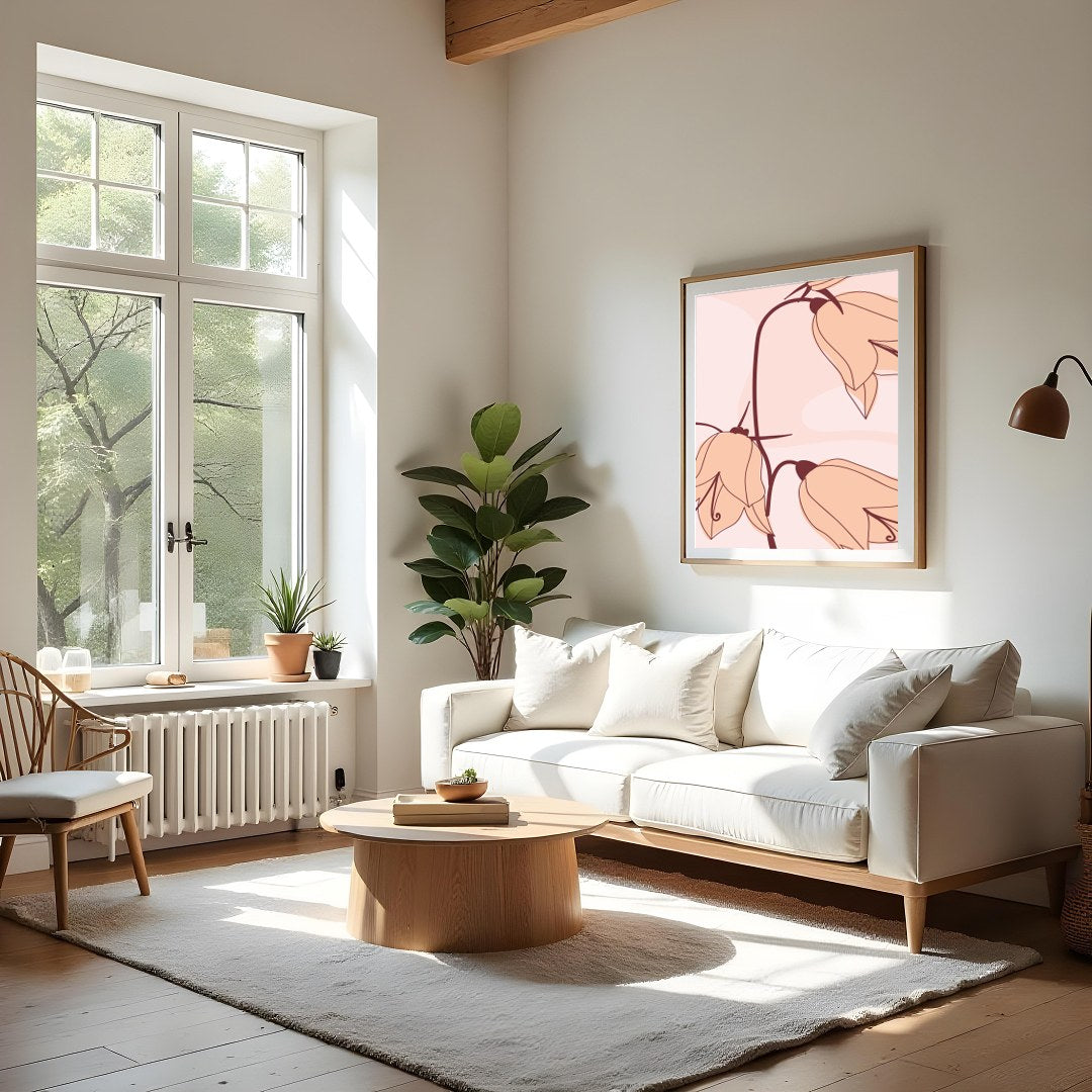 This exquisite minimalist artwork showcases a trio of delicate flowers in soft pink hues, exuding for Living Room