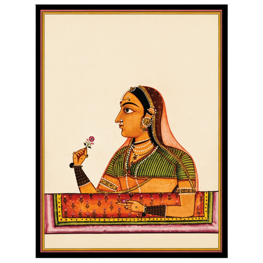 Immerse yourself in the timeless grace of Mughal elegance with this exquisite artwork depicting a for decor