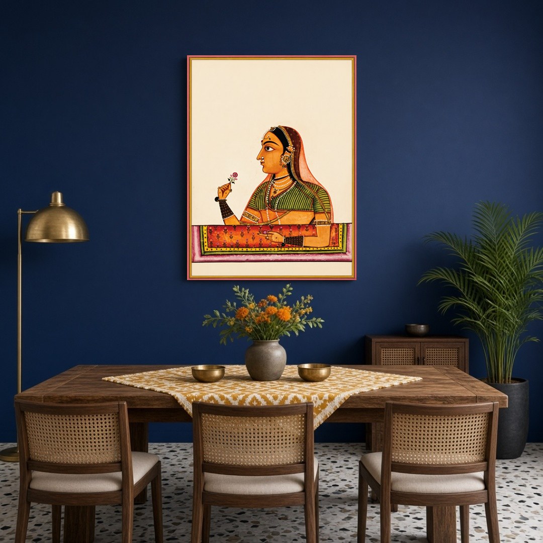 Immerse yourself in the timeless grace of Mughal elegance with this exquisite artwork depicting a for Dining