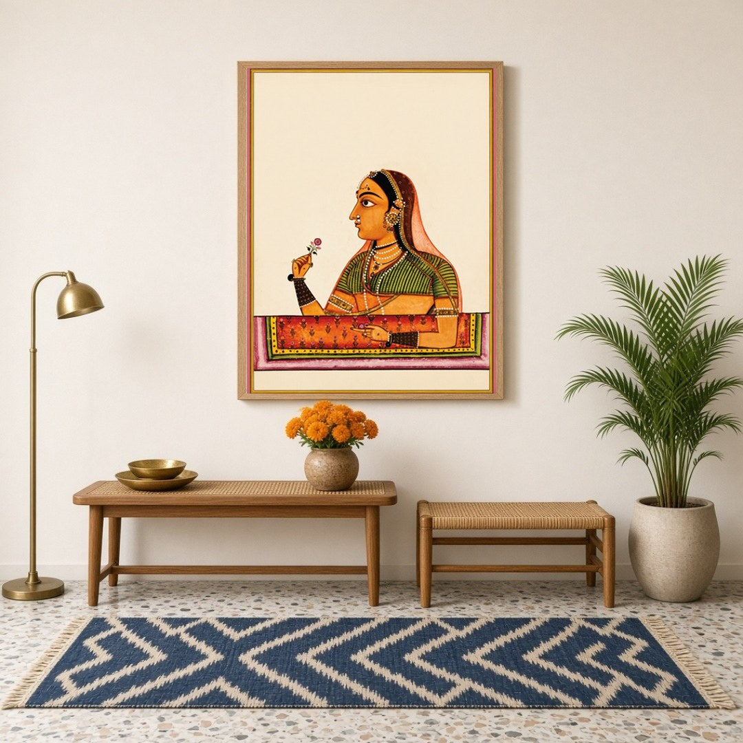 Immerse yourself in the timeless grace of Mughal elegance with this exquisite artwork depicting a for Hallway