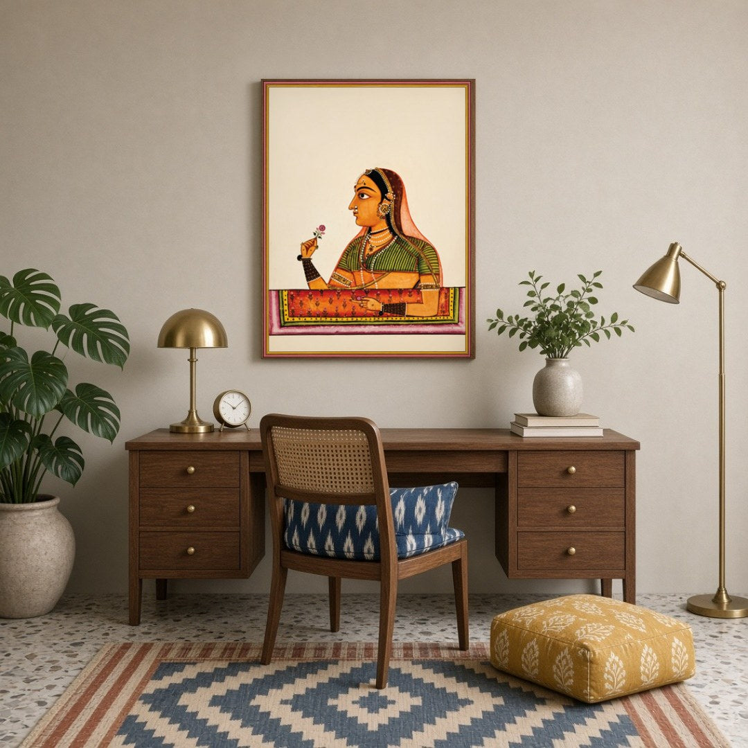 Immerse yourself in the timeless grace of Mughal elegance with this exquisite artwork depicting a for Study