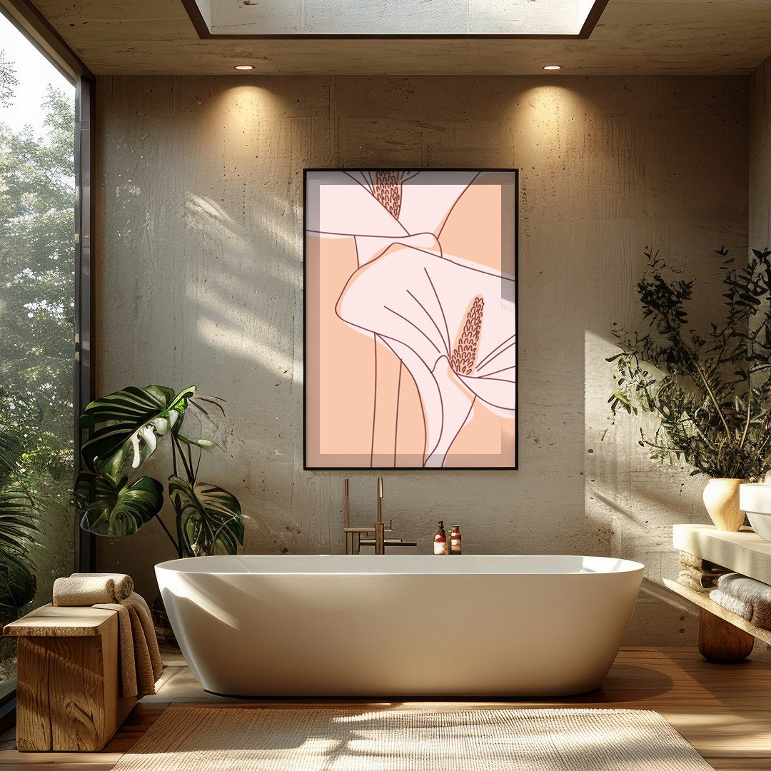 This stunning artwork showcases a pair of gracefully illustrated lilies set against a soothing for Bathroom