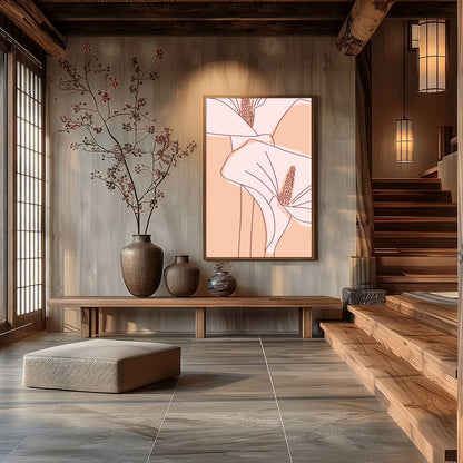 This stunning artwork showcases a pair of gracefully illustrated lilies set against a soothing for Hall