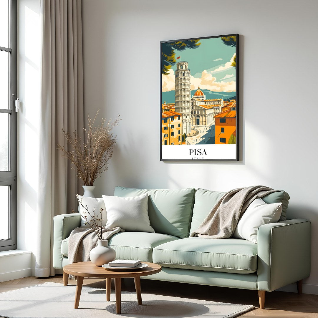 Capture the essence of Pisa with this stunning artwork, featuring the iconic Leaning Tower framed for Hall