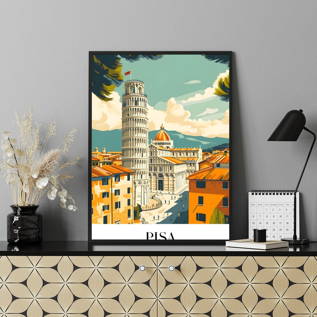 Capture the essence of Pisa with this stunning artwork, featuring the iconic Leaning Tower framed for Shelf