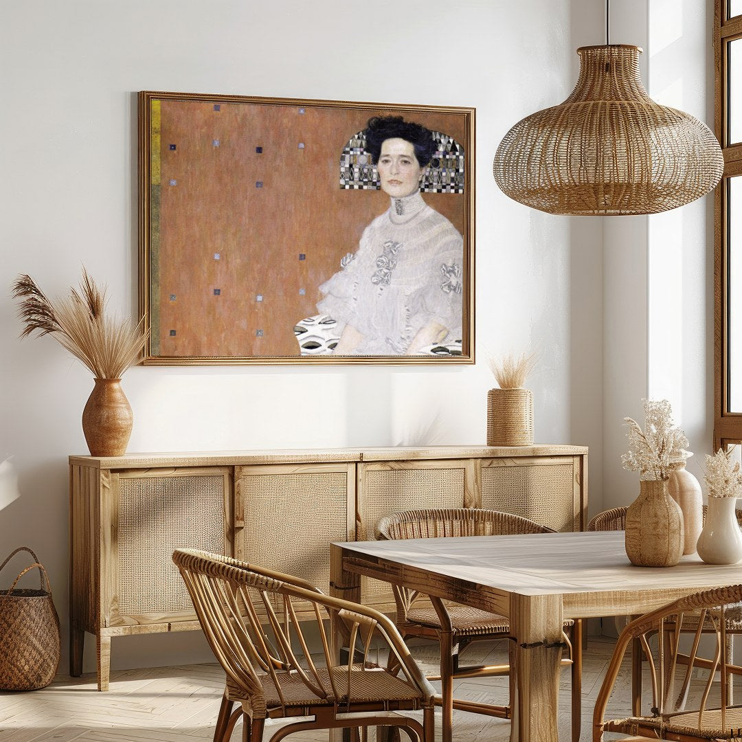 This striking artwork beautifully blends classical portraiture with modern geometric elements. The for Dining