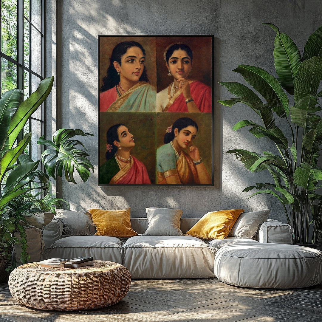 This beautiful artwork features four distinct portraits of Indian women, each exuding grace and for Balcony