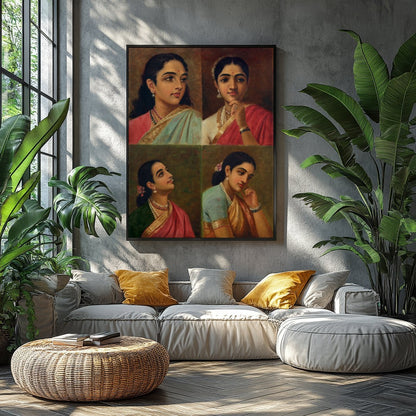 This beautiful artwork features four distinct portraits of Indian women, each exuding grace and for Balcony