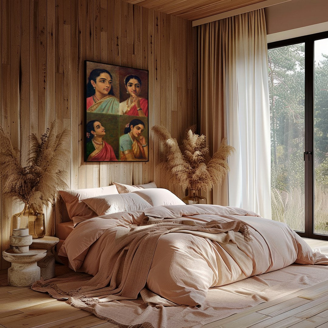 This beautiful artwork features four distinct portraits of Indian women, each exuding grace and for Bedroom