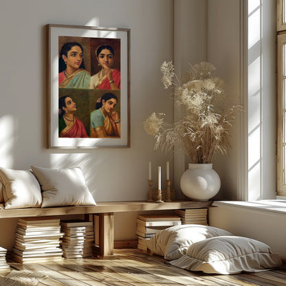 This beautiful artwork features four distinct portraits of Indian women, each exuding grace and for dwelling