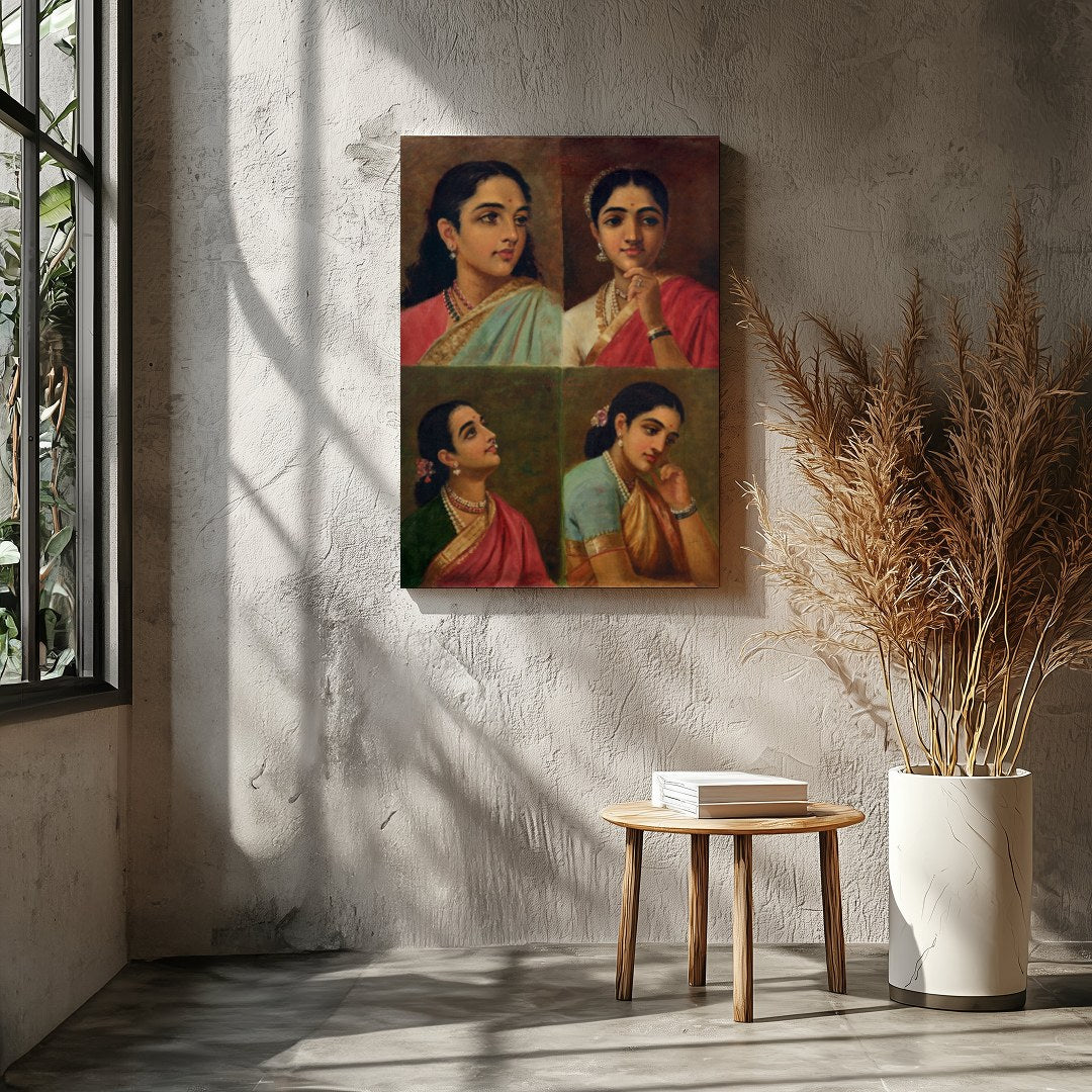 This beautiful artwork features four distinct portraits of Indian women, each exuding grace and for Entrance