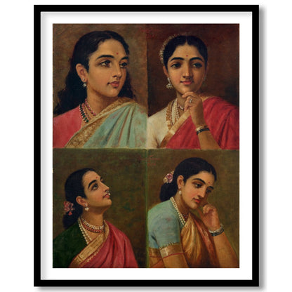 This beautiful artwork features four distinct portraits of Indian women, each exuding grace and for gallery