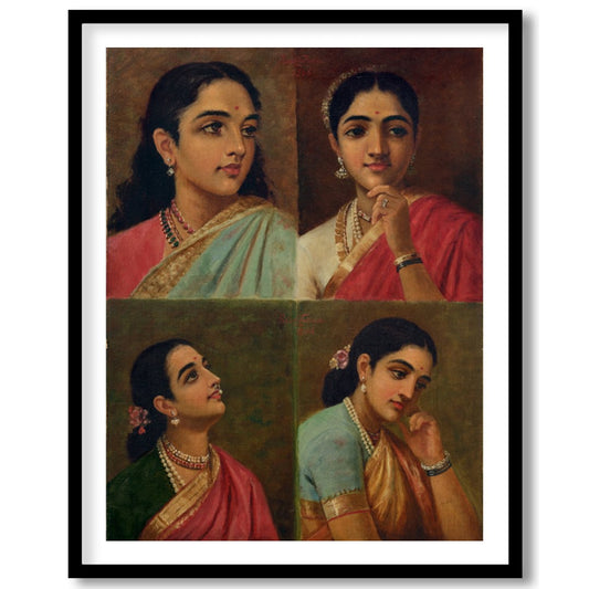 This beautiful artwork features four distinct portraits of Indian women, each exuding grace and for gallery