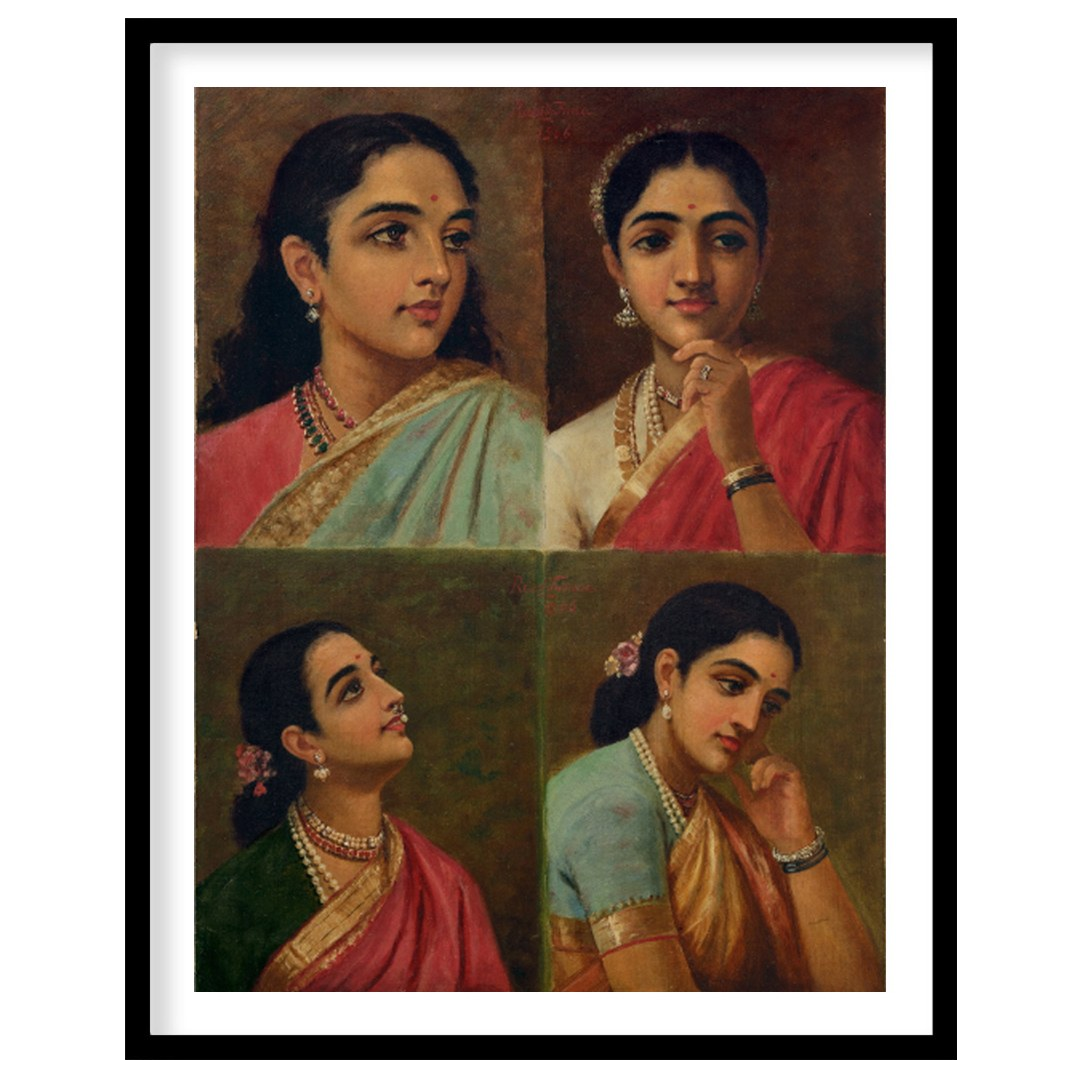 This beautiful artwork features four distinct portraits of Indian women, each exuding grace and for gallery