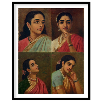 This beautiful artwork features four distinct portraits of Indian women, each exuding grace and for gallery