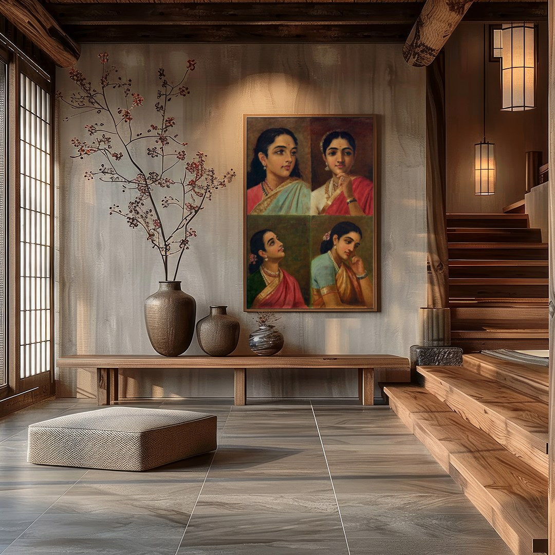 This beautiful artwork features four distinct portraits of Indian women, each exuding grace and for Hall