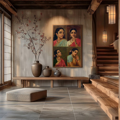 This beautiful artwork features four distinct portraits of Indian women, each exuding grace and for Hall