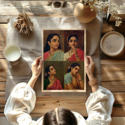 This beautiful artwork features four distinct portraits of Indian women, each exuding grace and for Kitchen