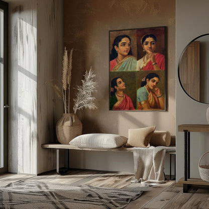 This beautiful artwork features four distinct portraits of Indian women, each exuding grace and for sanctuary