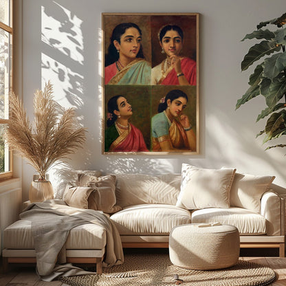 This beautiful artwork features four distinct portraits of Indian women, each exuding grace and for Sitting Area