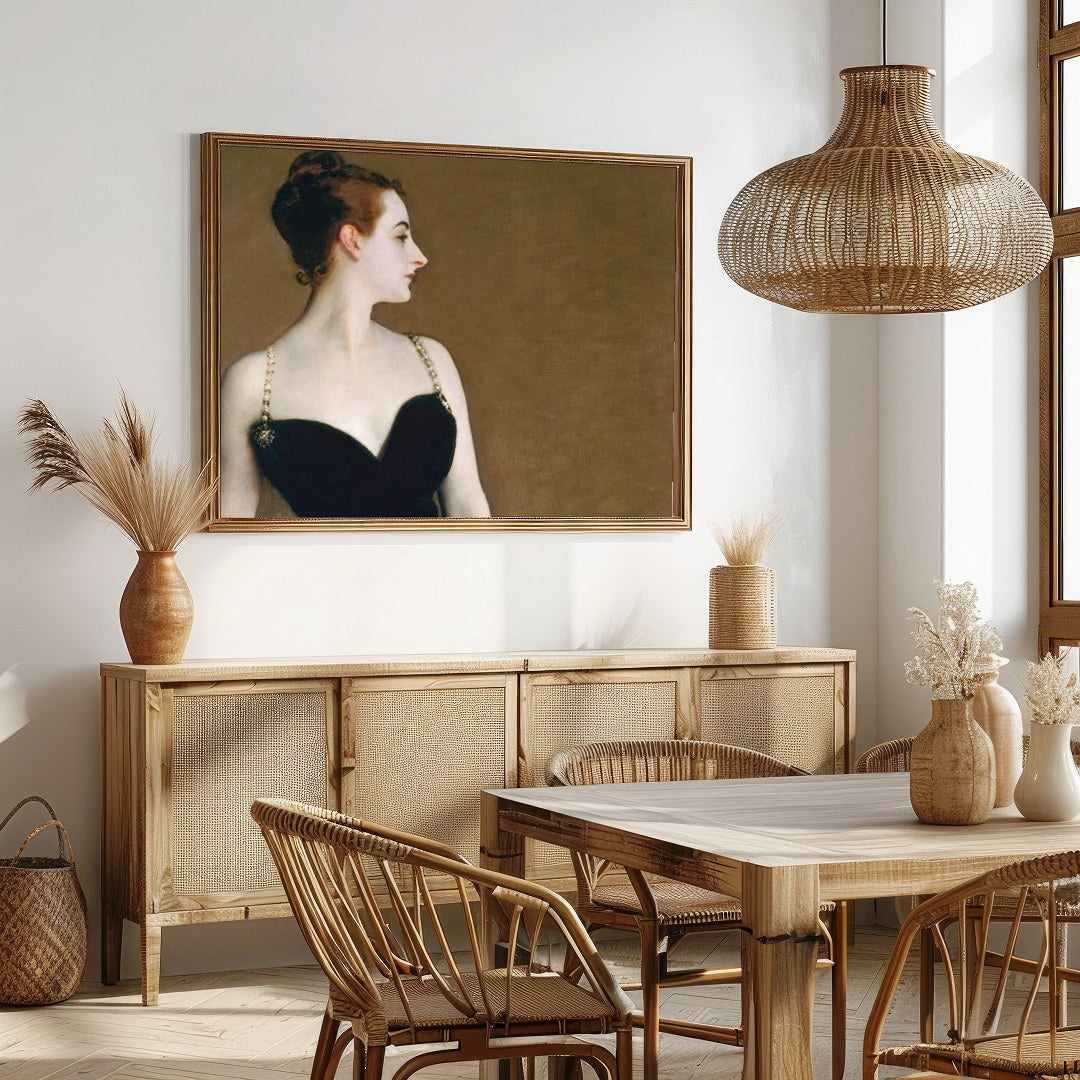 This captivating artwork exudes timeless elegance, featuring a refined figure adorned in black for Dining