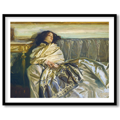 This exquisite artwork captures a serene moment of relaxation, enveloped in sumptuous fabrics and for decor