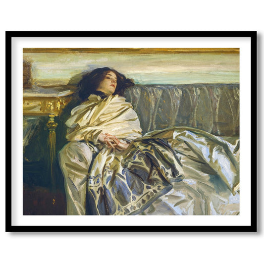 This exquisite artwork captures a serene moment of relaxation, enveloped in sumptuous fabrics and for decor