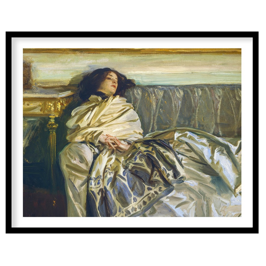This exquisite artwork captures a serene moment of relaxation, enveloped in sumptuous fabrics and for decor