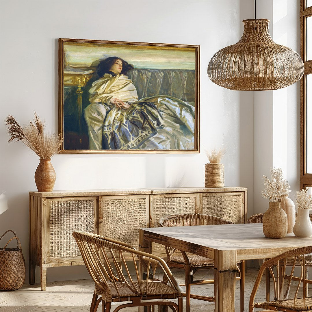 This exquisite artwork captures a serene moment of relaxation, enveloped in sumptuous fabrics and for Dining