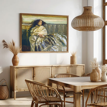 This exquisite artwork captures a serene moment of relaxation, enveloped in sumptuous fabrics and for Dining