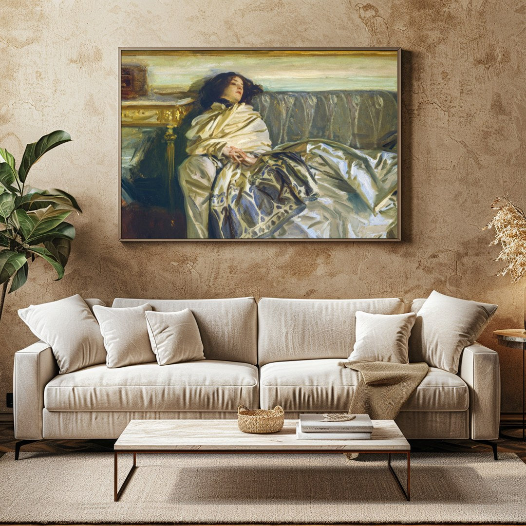 This exquisite artwork captures a serene moment of relaxation, enveloped in sumptuous fabrics and for Family Room