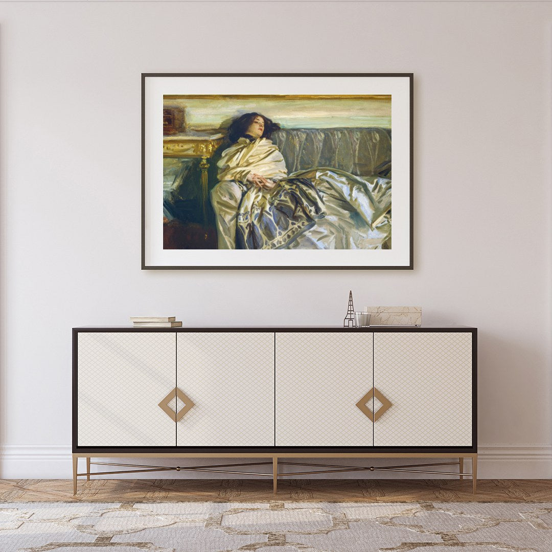 This exquisite artwork captures a serene moment of relaxation, enveloped in sumptuous fabrics and for Foyer
