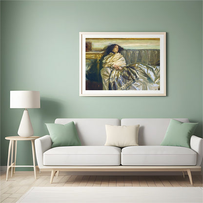 This exquisite artwork captures a serene moment of relaxation, enveloped in sumptuous fabrics and for Hall