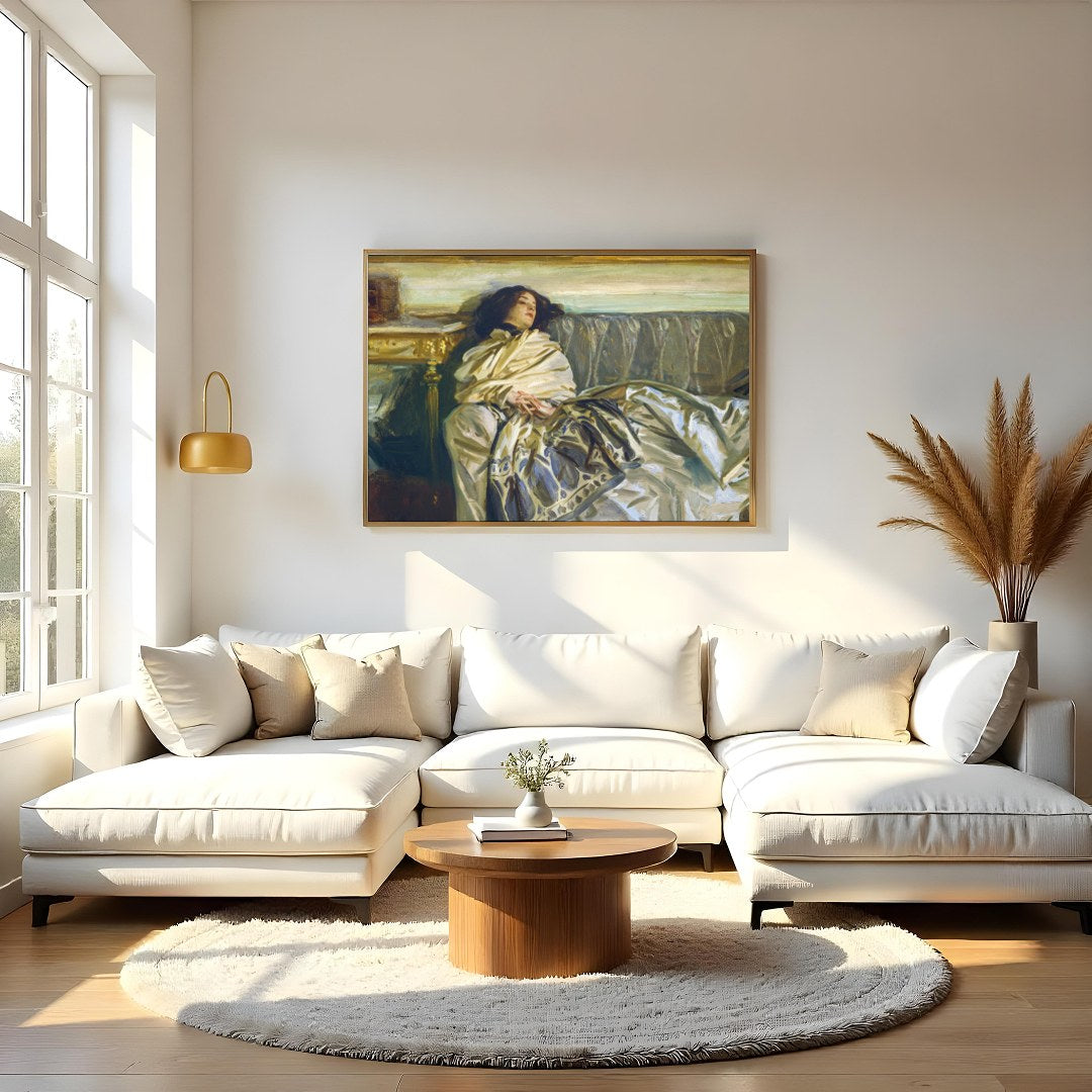 This exquisite artwork captures a serene moment of relaxation, enveloped in sumptuous fabrics and for Living Room