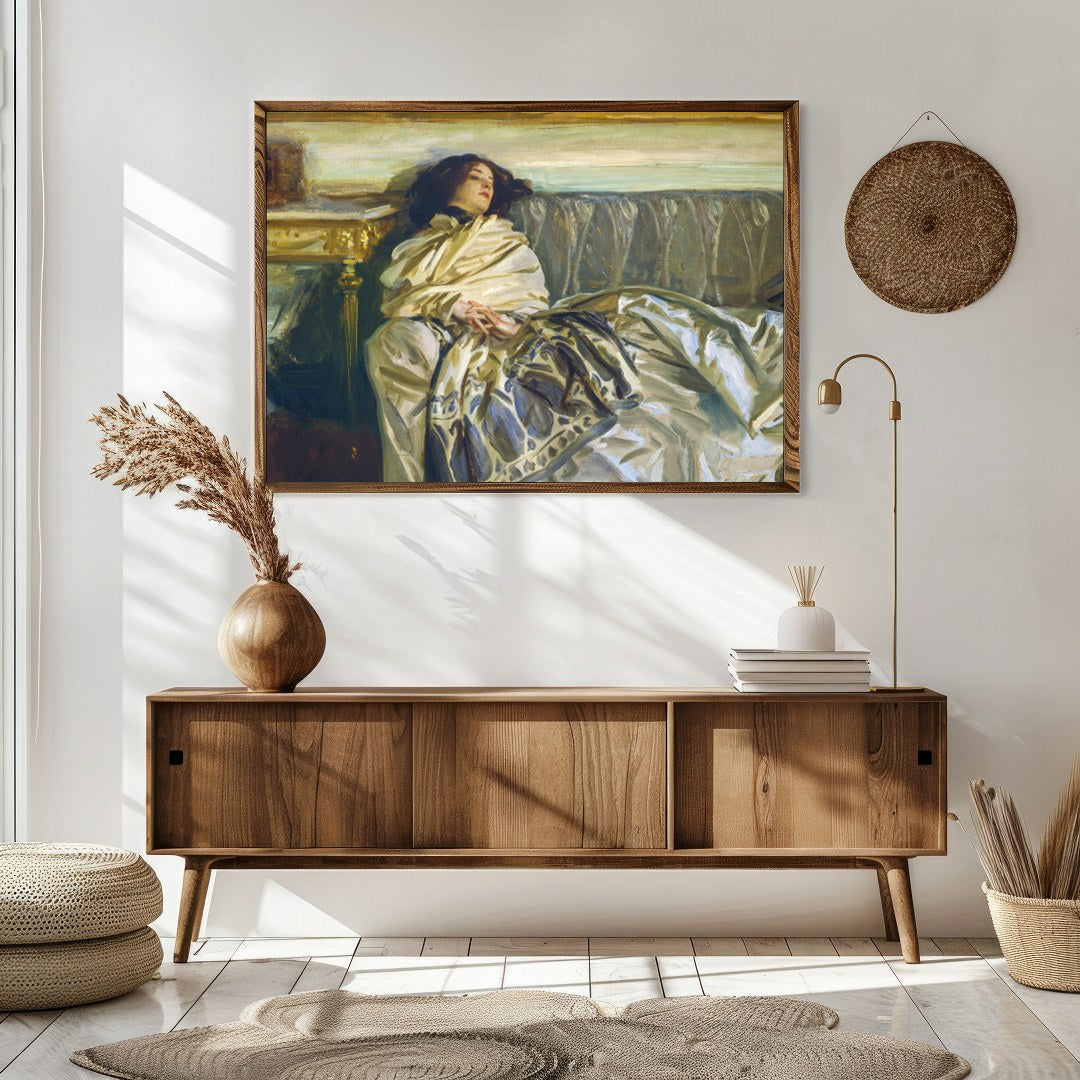 This exquisite artwork captures a serene moment of relaxation, enveloped in sumptuous fabrics and for Sitting Area
