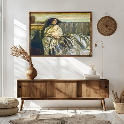 This exquisite artwork captures a serene moment of relaxation, enveloped in sumptuous fabrics and for Sitting Area