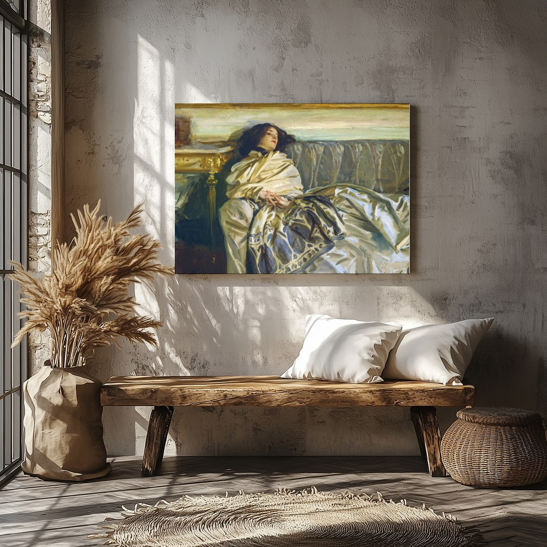 This exquisite artwork captures a serene moment of relaxation, enveloped in sumptuous fabrics and for Veranda