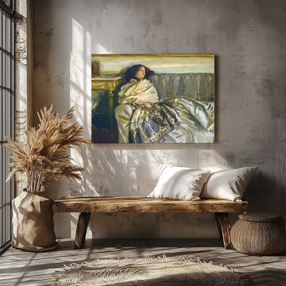 This exquisite artwork captures a serene moment of relaxation, enveloped in sumptuous fabrics and for Veranda