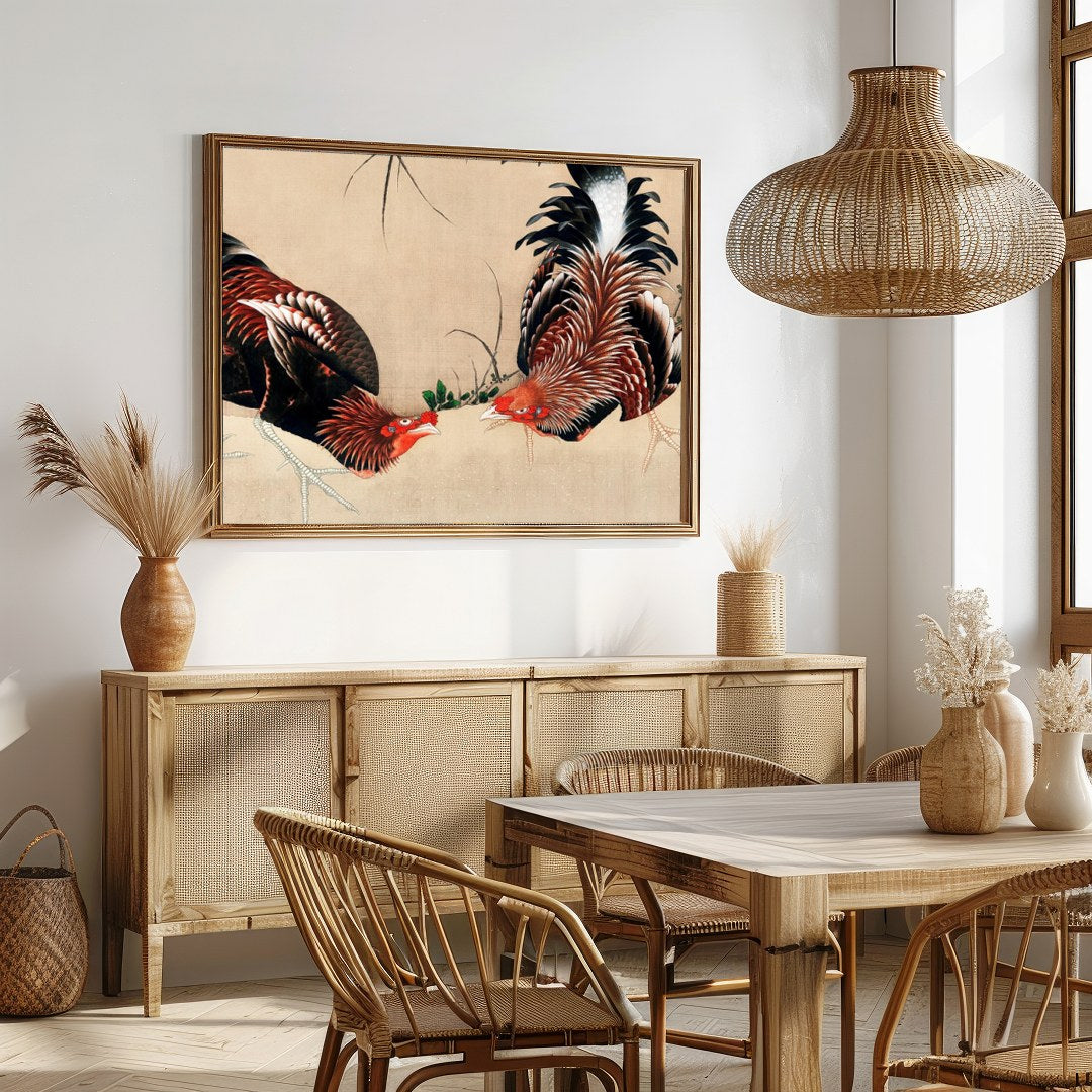 This exquisite artwork captures the intricate beauty of two roosters in a natural setting. The fine for Dining