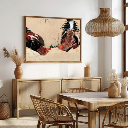 This exquisite artwork captures the intricate beauty of two roosters in a natural setting. The fine for Dining