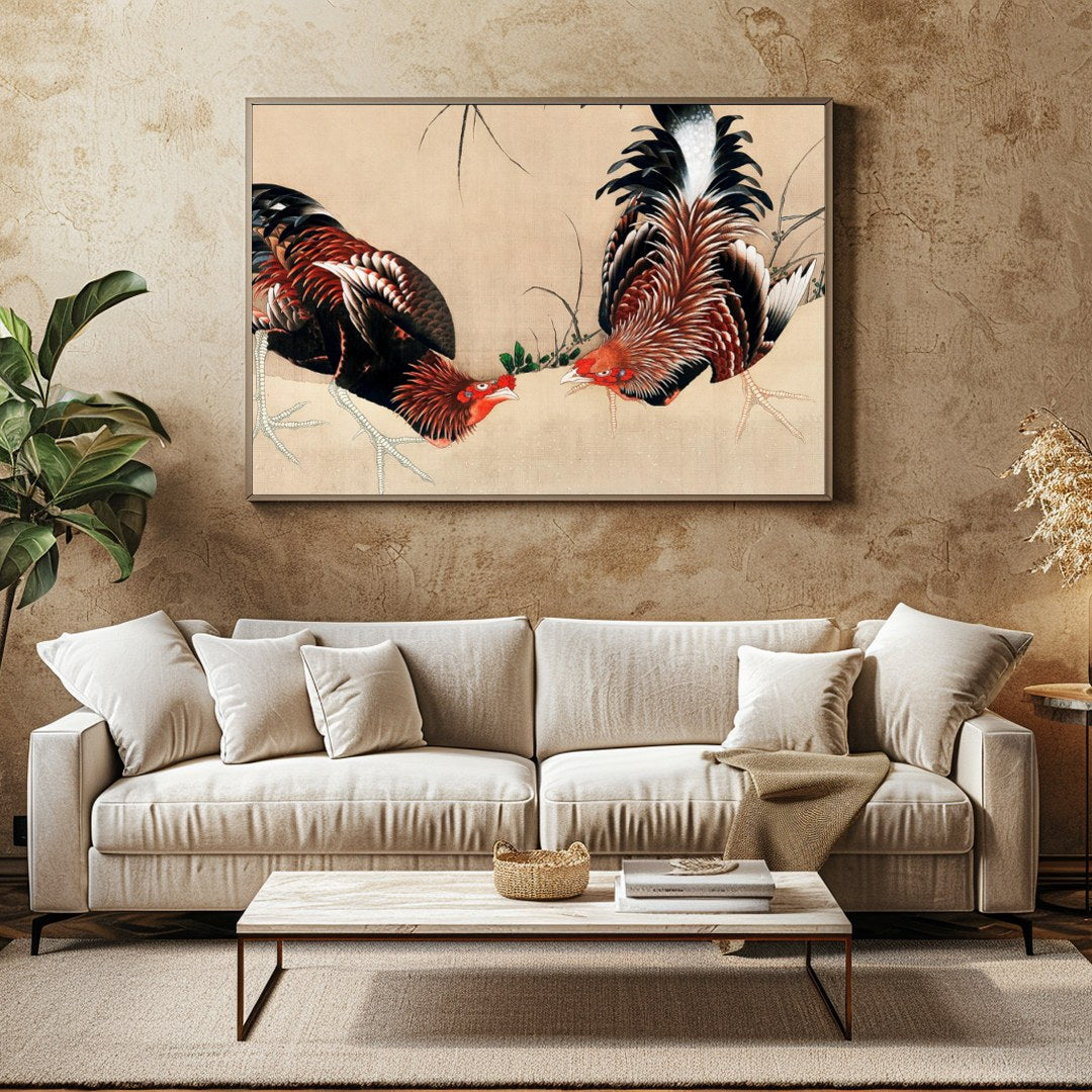 This exquisite artwork captures the intricate beauty of two roosters in a natural setting. The fine for Family Room