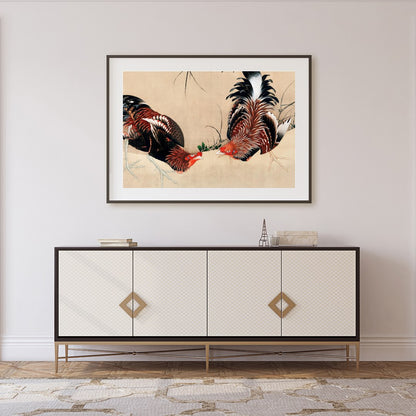 This exquisite artwork captures the intricate beauty of two roosters in a natural setting. The fine for Foyer