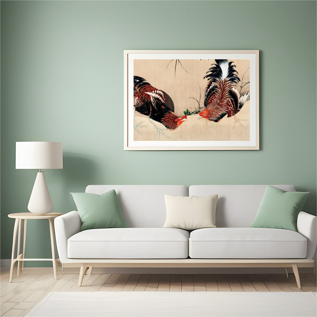 This exquisite artwork captures the intricate beauty of two roosters in a natural setting. The fine for Hall