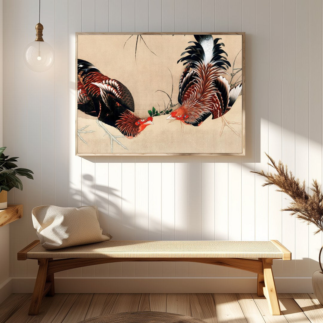 This exquisite artwork captures the intricate beauty of two roosters in a natural setting. The fine for Hallway