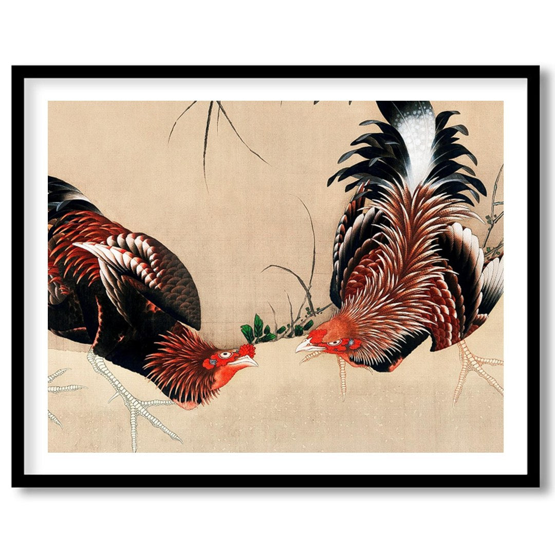 This exquisite artwork captures the intricate beauty of two roosters in a natural setting. The fine for kitchen